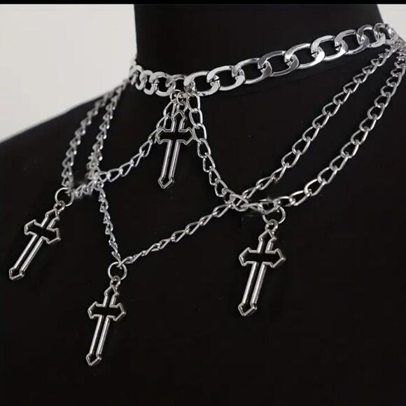 Dragonfly Gems Jewelry - Layered chain gothic cross silver tone necklace